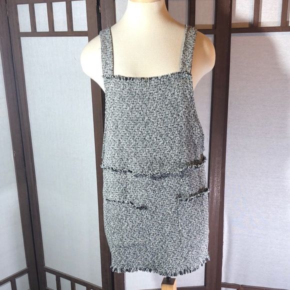 Black & White Knit Jumper Tweed Mini Dress Black White - Fringe/2 pockets - Picture 1 of 13